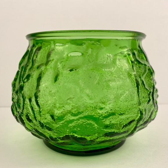 EO Brody Green Crinkle Glass 6 in Wide Mouth Flower Bowl Vase Vintage MCM USA - Picture 1 of 8